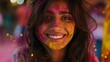 Capture the exuberance of a young Indian woman with a joyful expression, her face covered with colorful Holi powder, and a bright, infectious smile 