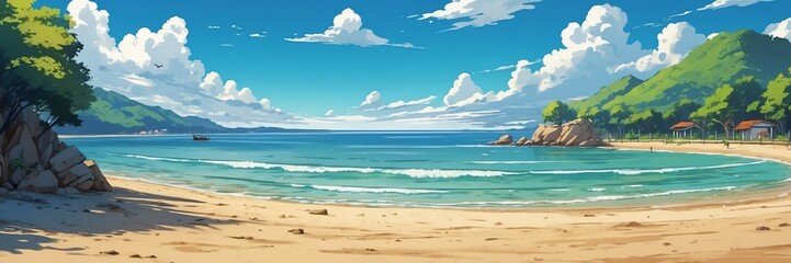 Wall Mural - Wide angle animation anime panoramic landscape of beach in summer from Generative AI