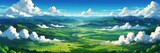 Fototapeta Pokój dzieciecy - Wide angle animation anime panoramic landscape of clouds from above mountains at evening from Generative AI