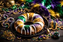 King Cake Surrounded By Mardi Gras Decorations