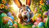 Fototapeta Dmuchawce - Shocked Easter Bunny Amongst Spring Flowers. surprised Easter bunny in a colorful garden setting, surrounded by decorated eggs and spring blooms