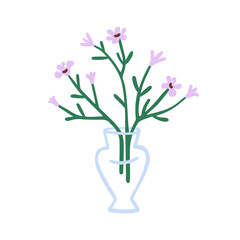  Field flowers in glass vase. Cut floral plants, fresh fragile meadow blooms, stems, branches. Gentle delicate blossomed spring wildflowers. Flat vector illustration isolated on white background