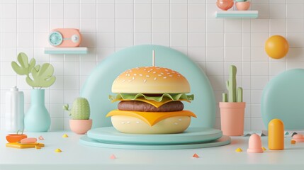 Canvas Print - A hamburger sitting on top of a blue plate