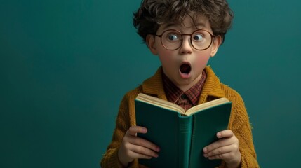 Wall Mural - A young boy wearing glasses reading a book