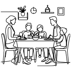 Continuous one black line art drawing happy family father and mother with child. having dinner sitting at table doodles style vector illustration on white background