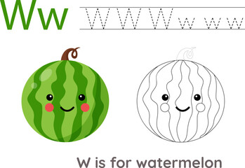 Wall Mural - Tracing alphabet letters with cute fruits and vegetables. Color cute cartoon watermelon. Trace letter W.