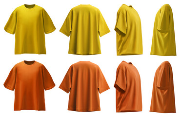 2 Set of yellow orange mustard oversized loose Drop Shoulder tee t shirt round neck front, back and side view on transparent background cutout, PNG file. Mockup template for artwork graphic design.