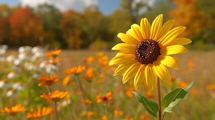 Sunflower on the field in autumn. Sunflower natural background.