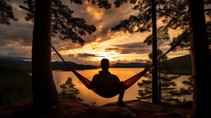 A rear view of the silhouette of a man relaxing in a hammock between two pine trees, enjoying a beautiful view of the lake and the Sunset. Summer Holidays, Travel, Vacations, Landscape concepts.