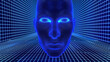 mesh wireframe of a face set against a backdrop of technological elements, integration of human with AI, innovation. The juxtaposition of the human face with futuristic technological of humanity