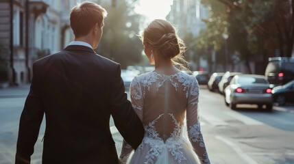 Wedding couple walking down a city street