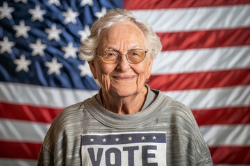 Wall Mural - A senior female USA American election voter portrait in front of American flag