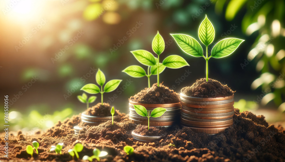 young green plants sprouting from a stack of coins buried in rich soil ...