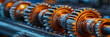 A close-up view of the gears of a machine digital art creation,
close up view of a stack of metal
