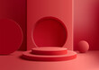 3D red circular podium with circle backdrop decoration a ball on red background
