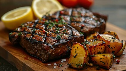 Wall Mural - Delicious grilled beef with vegetables and lemon on table, closeup