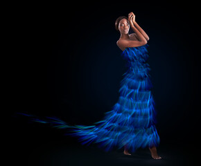 Wall Mural - Portrait, dress and art of dance with black woman in studio on dark background for performance. Creative, dancer or movement with confident young person moving in rhythm for concert and neon abstract