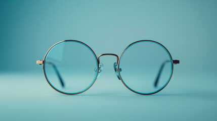Minimalist thin frame round eyeglasses muted blue background