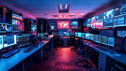 The security room contains computer equipment. CCTV camera in the surveillance room.