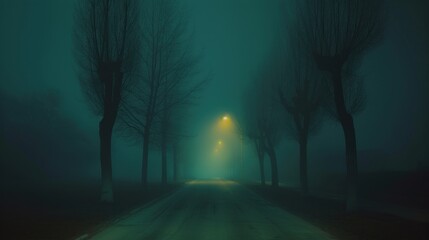 Poster - a foggy road with a light at the end of the road in the middle of the road and trees on both sides of the road.