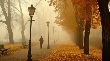 Wall Mural - a person walking down a path in a park on a foggy day with a lamp post and bench in the foreground.