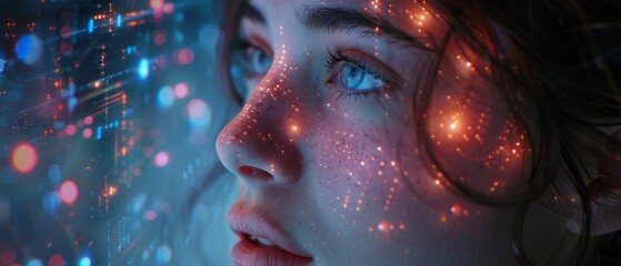 Aufkleber - Internet technology, big data, digital marketing, IoT internet of things. Modern computer, metaverse, futuristic technology background woman surfing internet.