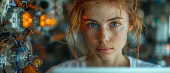 Leinwandbilder - Photograph of a young robotics engineer working with a laptop computer, analyzing robotic machine concept in a high technology factory. A female scientist manipulates the robot and programs it for