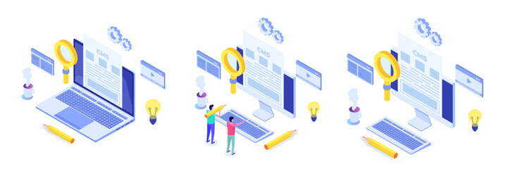 CMS, Content management concept. Isometric Vector illustrations for banner, website, landing page, flyer.