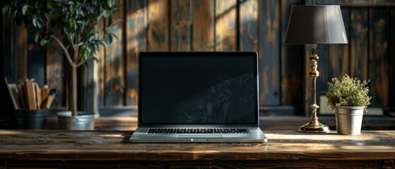 Aufkleber - An illustration showing a close-up of a businessman's hand on a laptop computer on a wooden desk with a blank screen