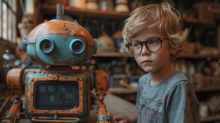 Fototapete - In front of a small nerd holding a robot, a boy wearing gray clothing and glasses sits at a table with a robot that he made.