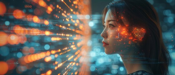 Aufkleber - Woman surfing the internet on a modern computer on a futuristic metaverse, innovative technology background. Digital technology, Internet network connection, big data, digital marketing.