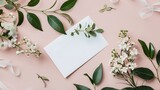 Holiday greeting card mockup with flowers on light pink background, top view, flat lay. White wedding invitation card mockup and floral decor. Generative Ai