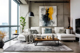 Fototapeta Panele - White sofa against concrete paneling wall. Minimalist, loft urban home interior design of modern living room.