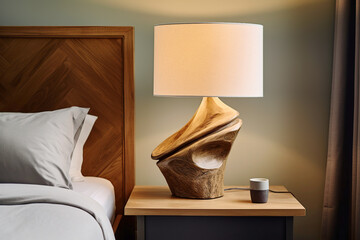 Close up of rustic bedside table lamp near bed with wood headboard. French country, farmhouse, provence interior design of modern bedroom.