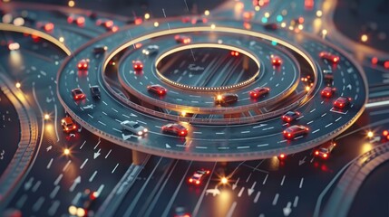 Leinwandbilder - A traffic circle light tail illustrating the connection between infrastructure, roads, economies, and communication networks