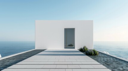 Leinwandbilder - An architectural rendering of a white modern house on a sea view background with a concrete entrance.