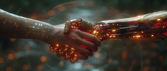 Poster - Handshake between digital partner and businessman over futuristic background. Artificial intelligence and machine learning for 4th industrial revolution.
