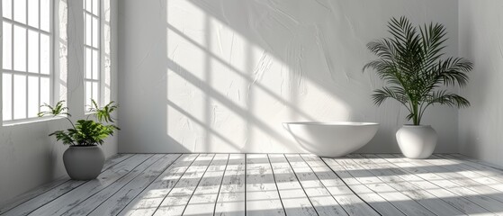 Leinwandbilder - 3D stimulated white room interior with wood plank floor and shadow cast on wall by sunlight, perspective of minimal design