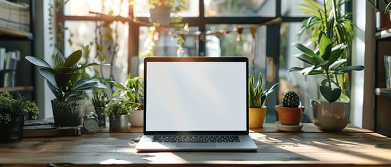 Aufkleber - The hand of a businessman is seen working on a blank screen laptop computer on a wooden desk as a concept shot