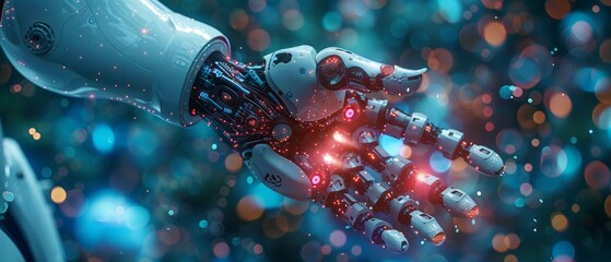 Aufkleber - A robot hand with artificial intelligence for use in medical and healthcare practices, with a concept that is both human and AI friendly, with blue banner background and graphical icon display.