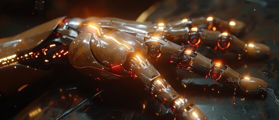 Leinwandbilder - Artificial intelligence, future technology and business concept - a robot and human hand on a black background with flash lights and virtual screens