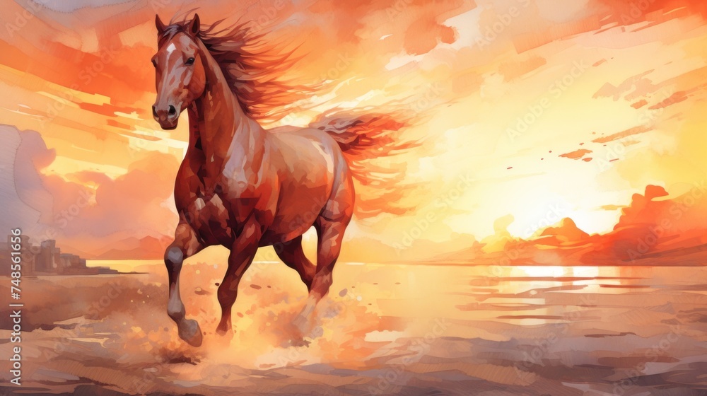 a painting of a horse running on the beach with a sunset in the ...