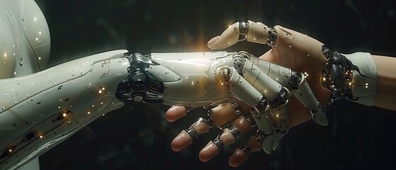 Leinwandbilder - Robot and human hand with flash light and virtual screen projection on black background - artificial intelligence, futuristic technology and business concept.