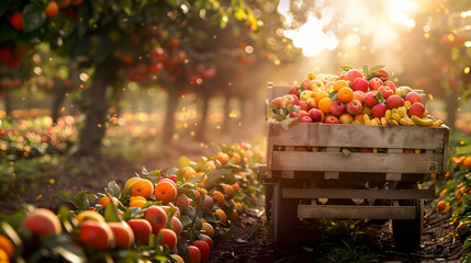 Vintage truck carrying various types of fruits in an orchard with sunset. Concept of food transportation, logistics and cargo.