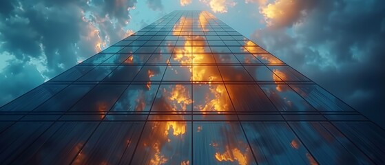 Fototapete - Business concept of future architecture, looking up to the building corner angle. 3D rendering of high rise building with dark steel window system and clouds reflected on the glass.