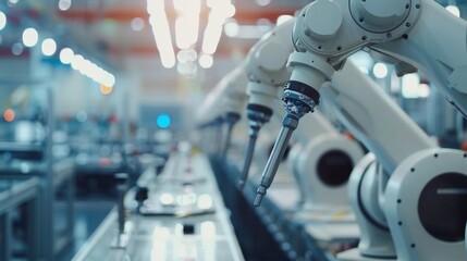 Poster - Industry 4.0 or 4th industrial revolution smart robot arms with IOT software that automate production processes.