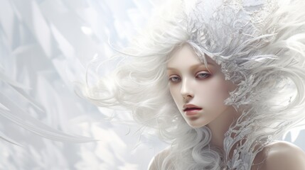 Wall Mural - a digital painting of a woman with white hair and white feathers on her head and her hair blowing in the wind.