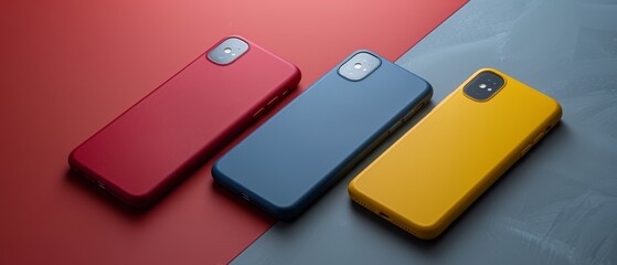 Poster - The mockup of a modern smart phone in three colors is isolated from the rest of the design.