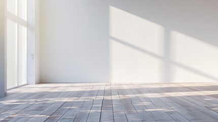 Aufkleber - A mock-up of a white interior design with a wood laminate floor, with sunlight casting shadows on the wall. This is a 3D rendering of a minimal style interior.