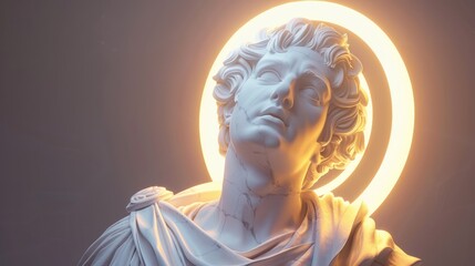 Surreal 3D illustration of a marble ancient Greek statue with a halo behind in white and gold color. Contemporary art in digital format